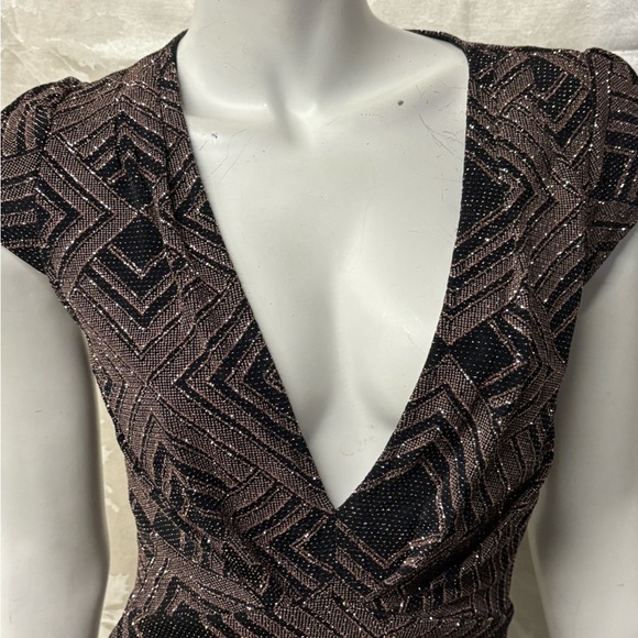 Mystic Brown Bodycon Mini Dress with Plunge Neckline and Flutter Sleeves - Picture 3 of 9